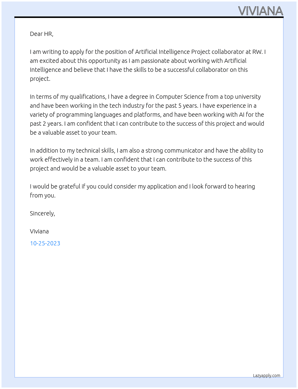 Artificial Intelligence Project collaborator At RW Cover Letter