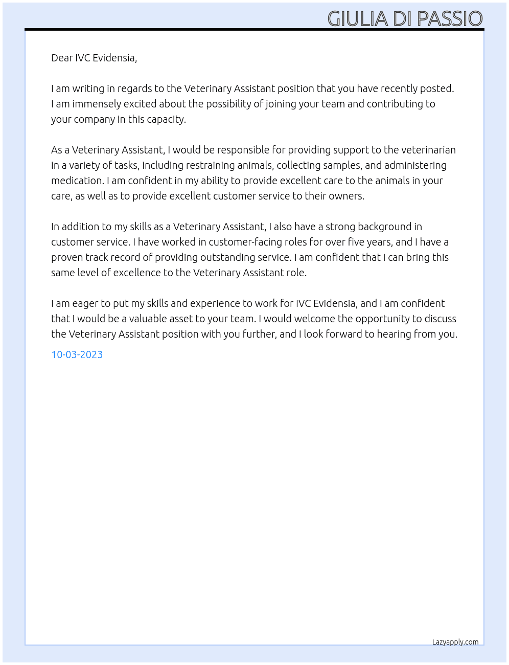 Veterinary Assistant  At IVC Evidensia Cover Letter