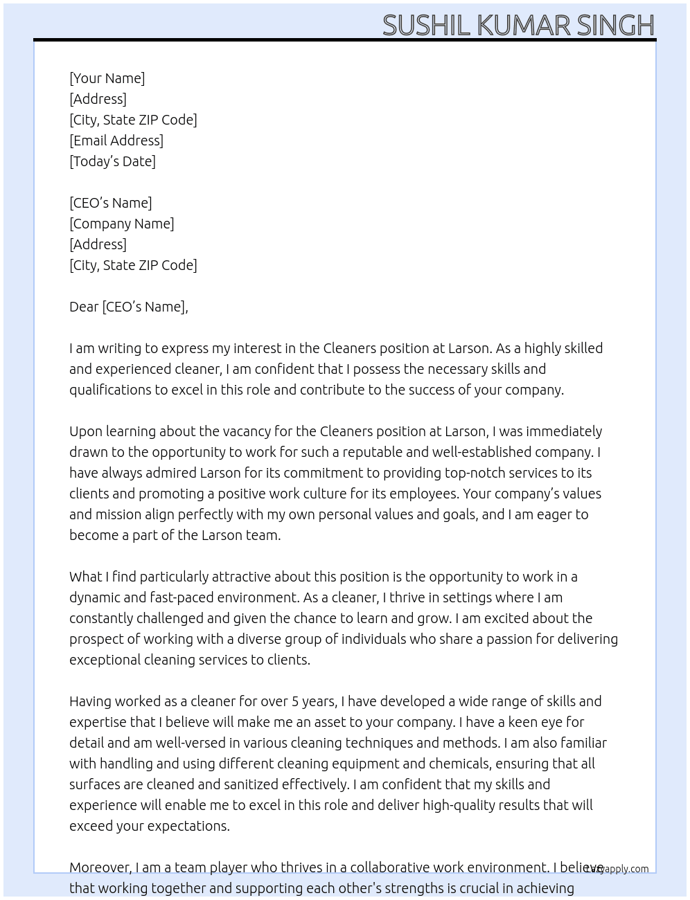 Cleaners  At Larson  Cover Letter