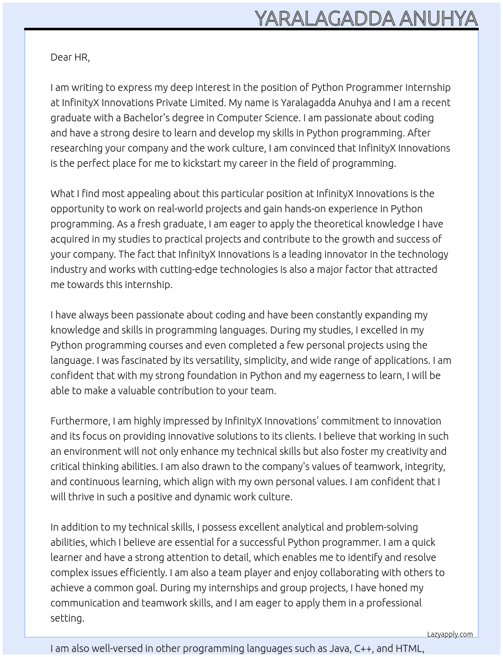 Applying for Python Programmer internship At InfinityX Innovations Private Limited Cover Letter
