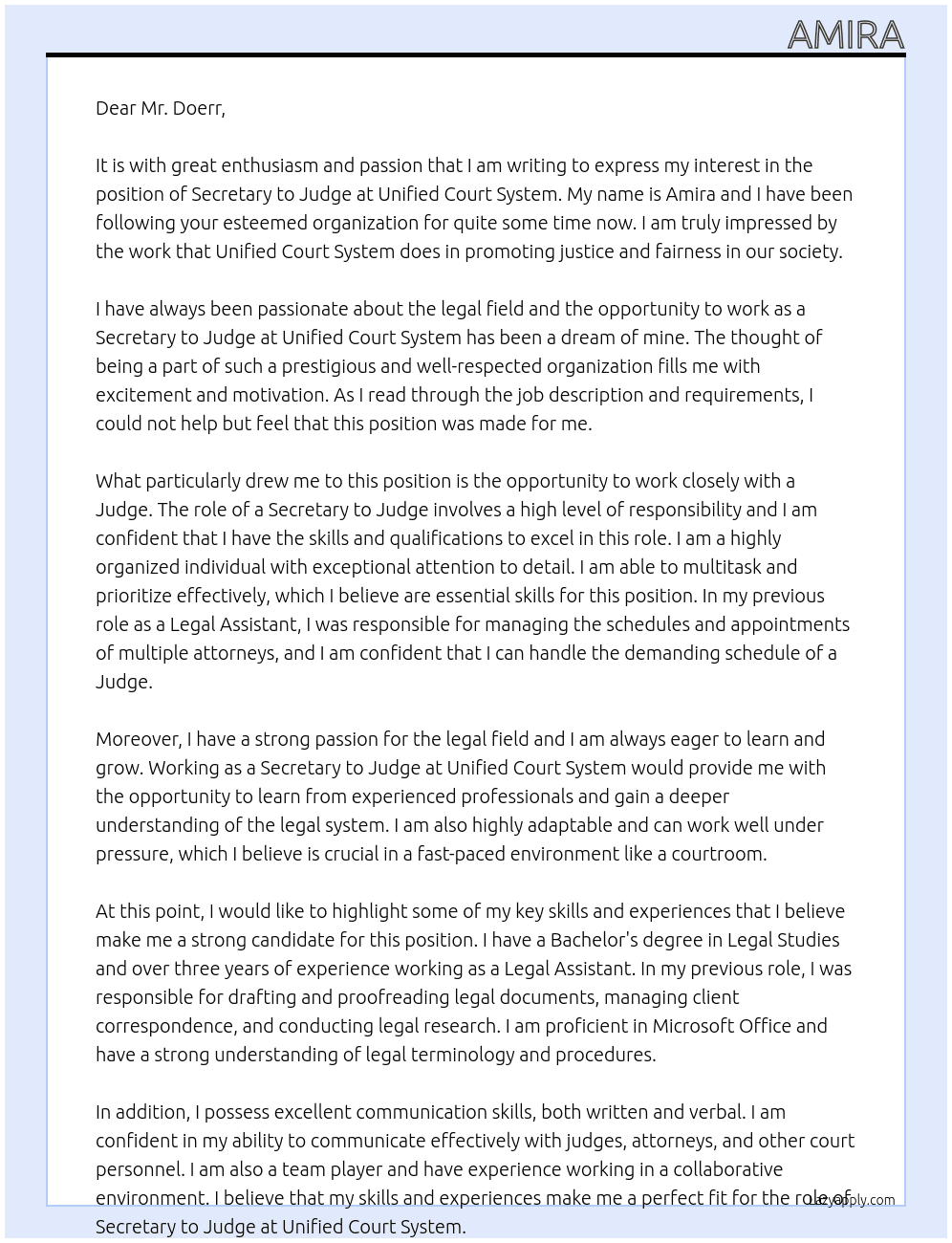 Secretary to Judge At Unified Court System  Cover Letter