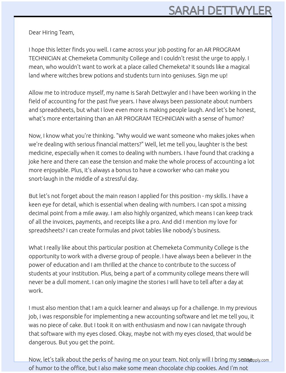 AR PROGRAM TECHNICIAN At Chemeketa Community College Cover Letter