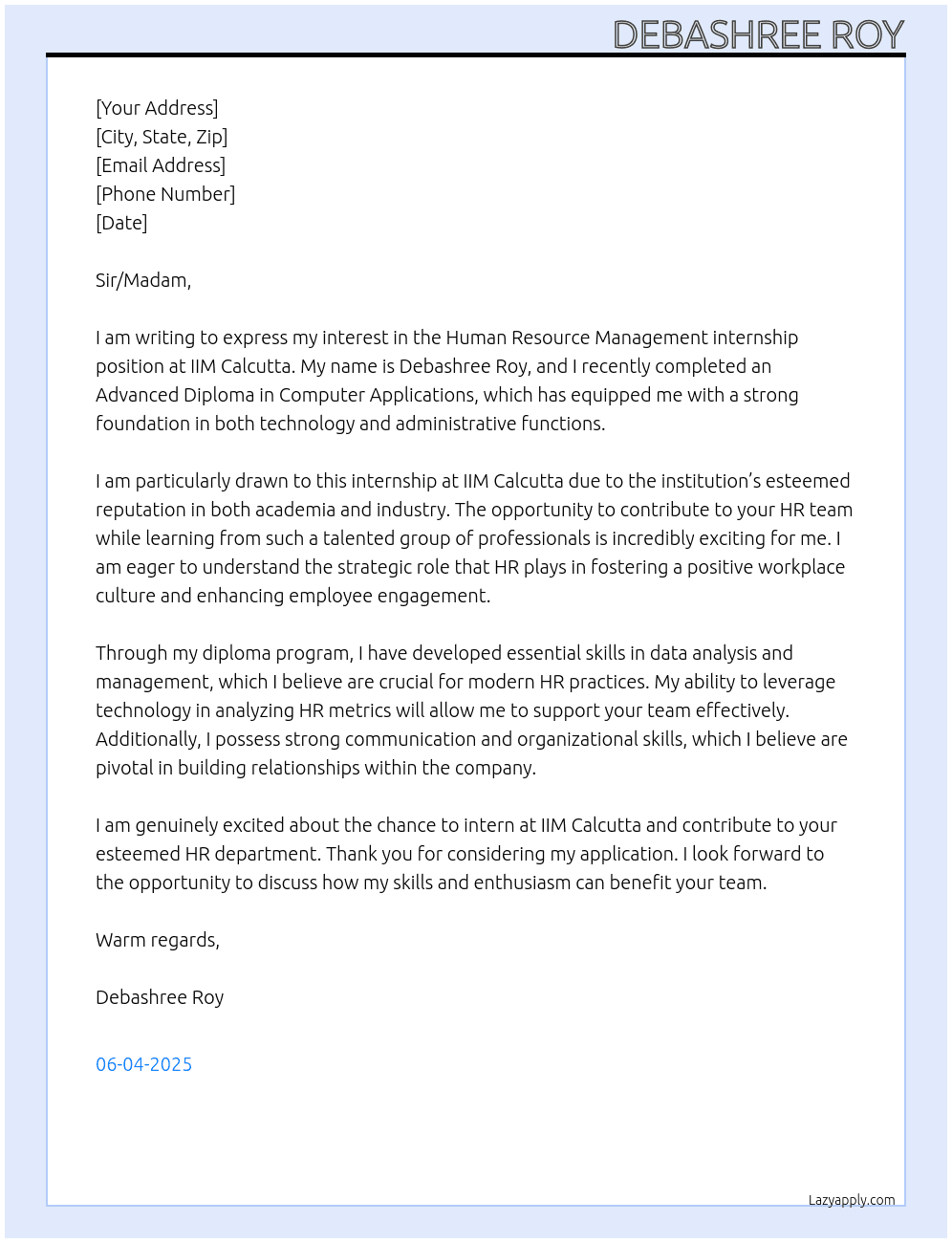 Human Resource Management  At IIM Calcutta  Cover Letter