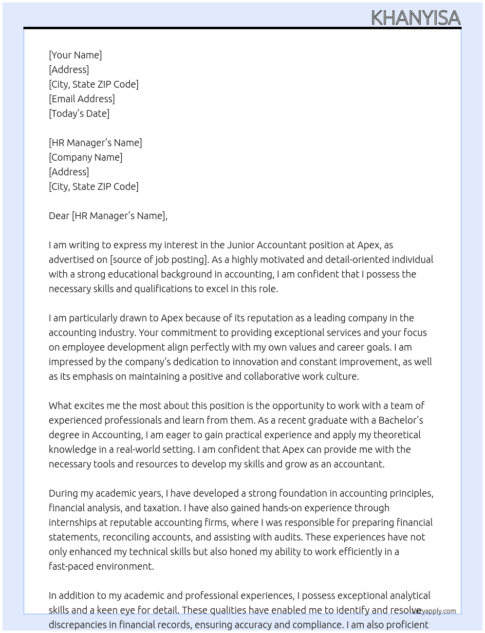 Junior Accountant  At Apex Cover Letter