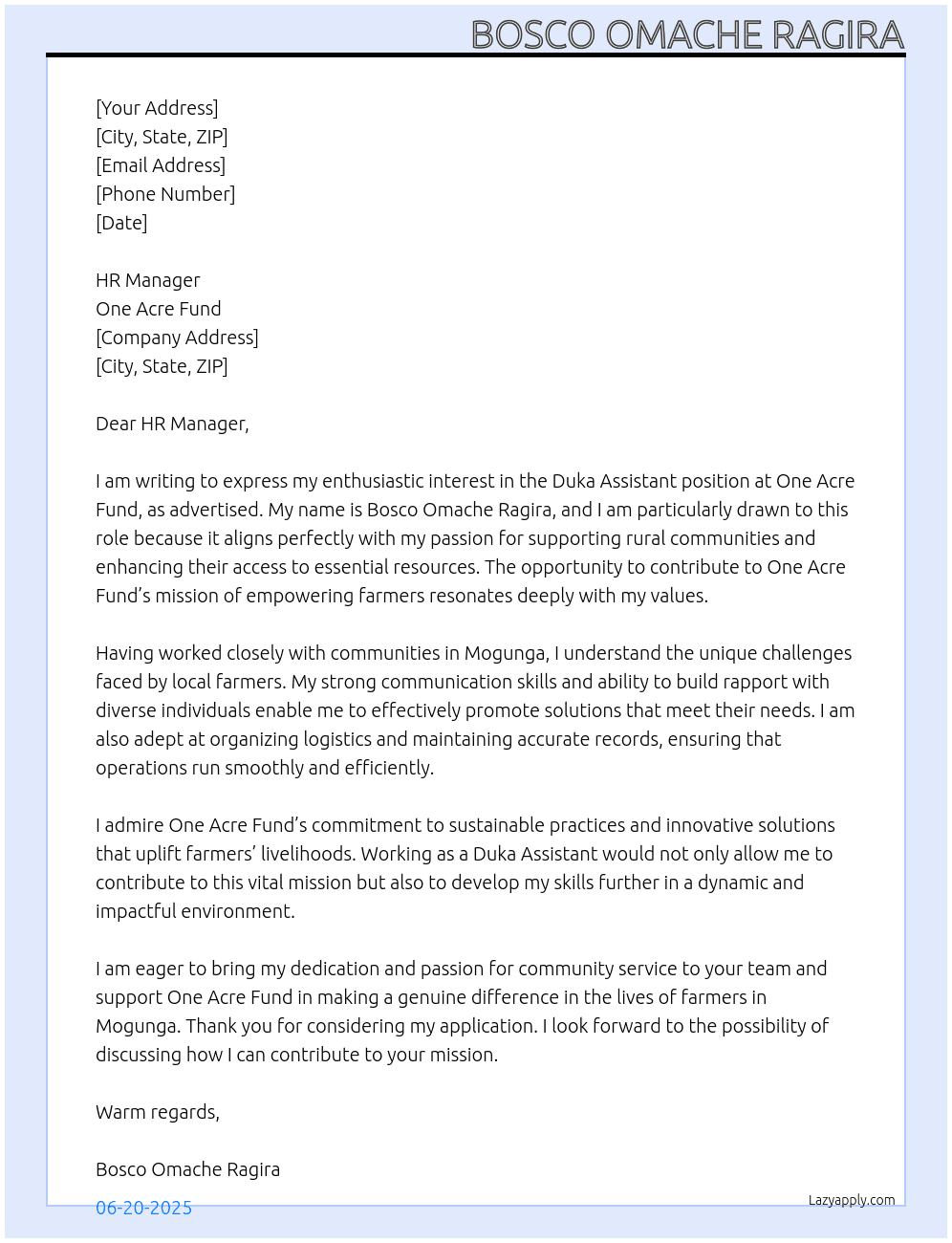 DUKA ASSISTANT At ONE ACRE FUND Cover Letter