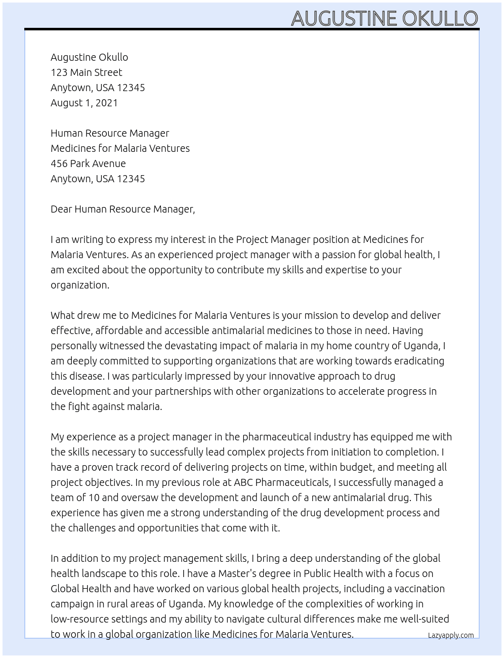 Project Manager At Medicines for malaria ventures Cover Letter