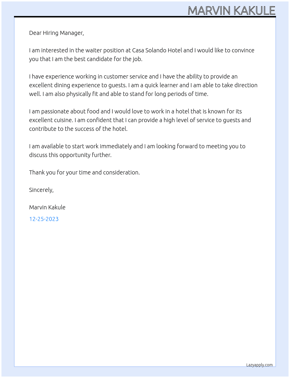 Waiter At Casa solando Hotel Cover Letter