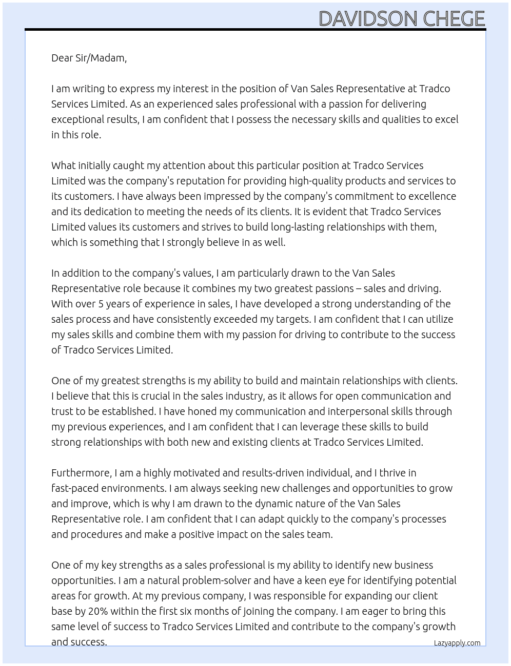 Van Sales Representatives At Tradco Services Limited Cover Letter