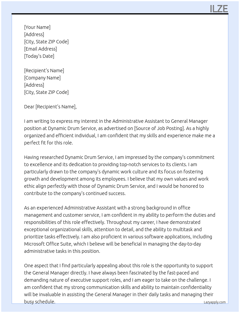 Administrative Assistant to General Manager At Dynamic Drum Service Cover Letter
