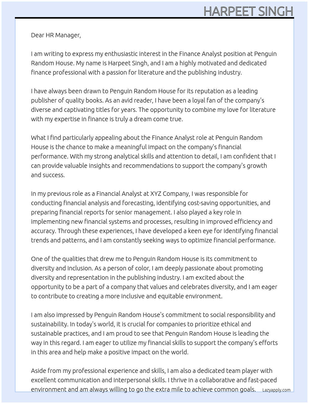 Finance Analyst  At Penguin Random House Cover Letter