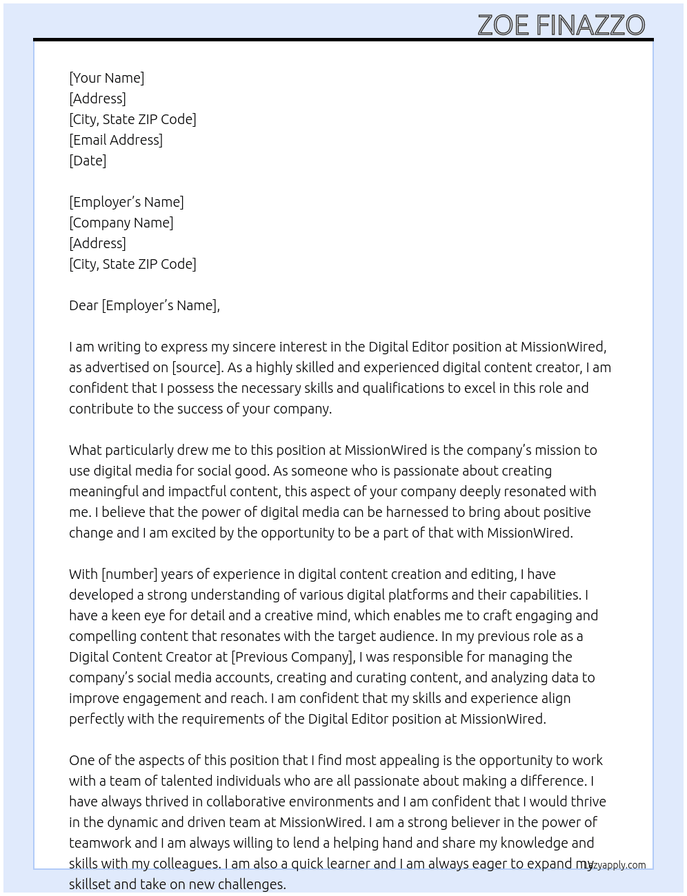 Digital Editor  At MissionWired Cover Letter