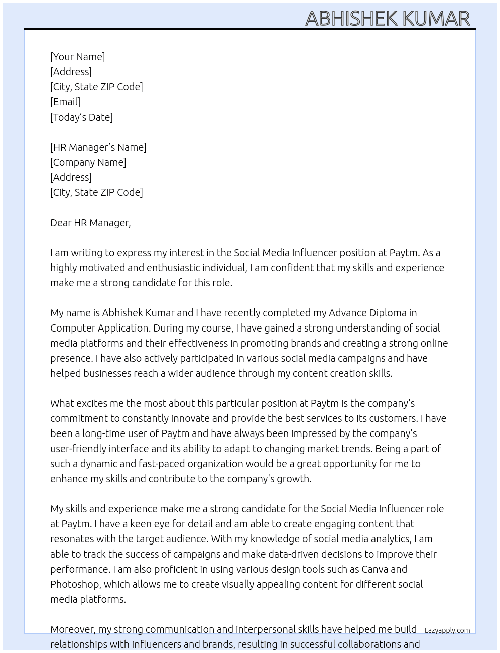 Social media influencer At Paytm  Cover Letter