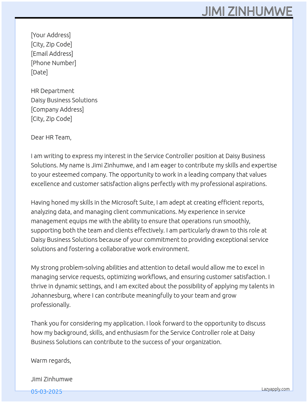 Cover letter for service controller - LazyApply