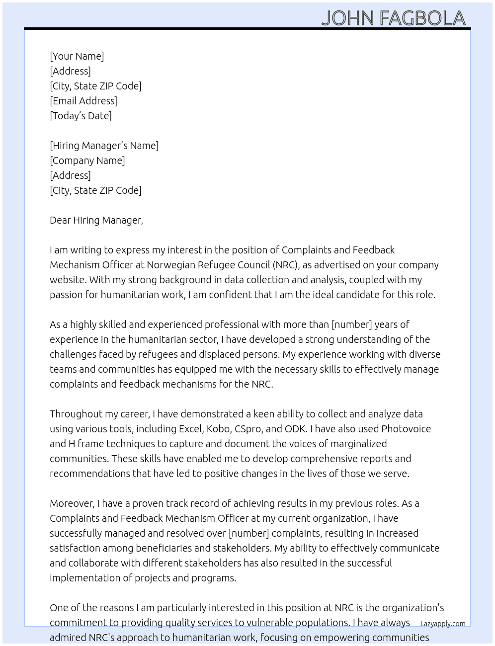 Complaints and Feedback Mechanism Officer at Norwegian Refugee Council (NRC) At Norwegian Refugee Council (NRC) Cover Letter