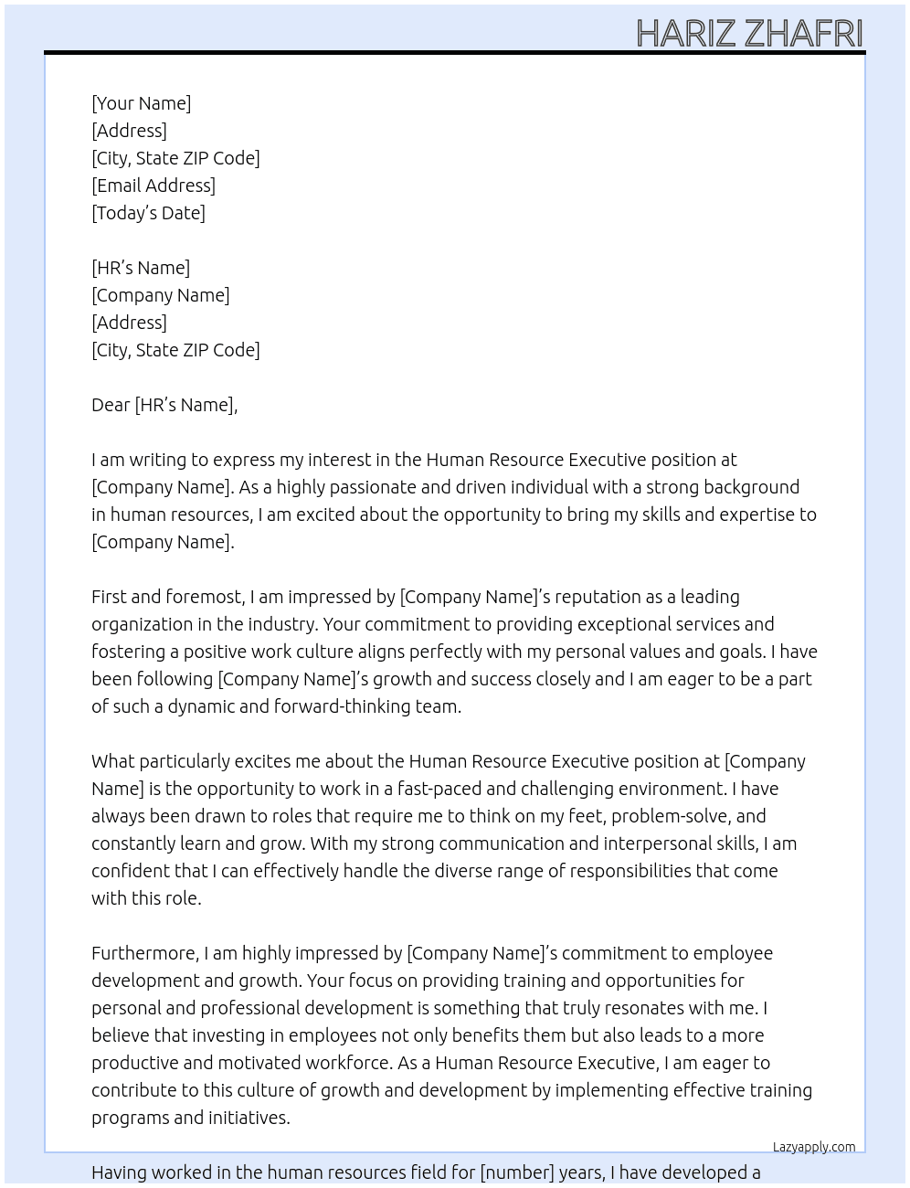 human resource executive At apex Cover Letter