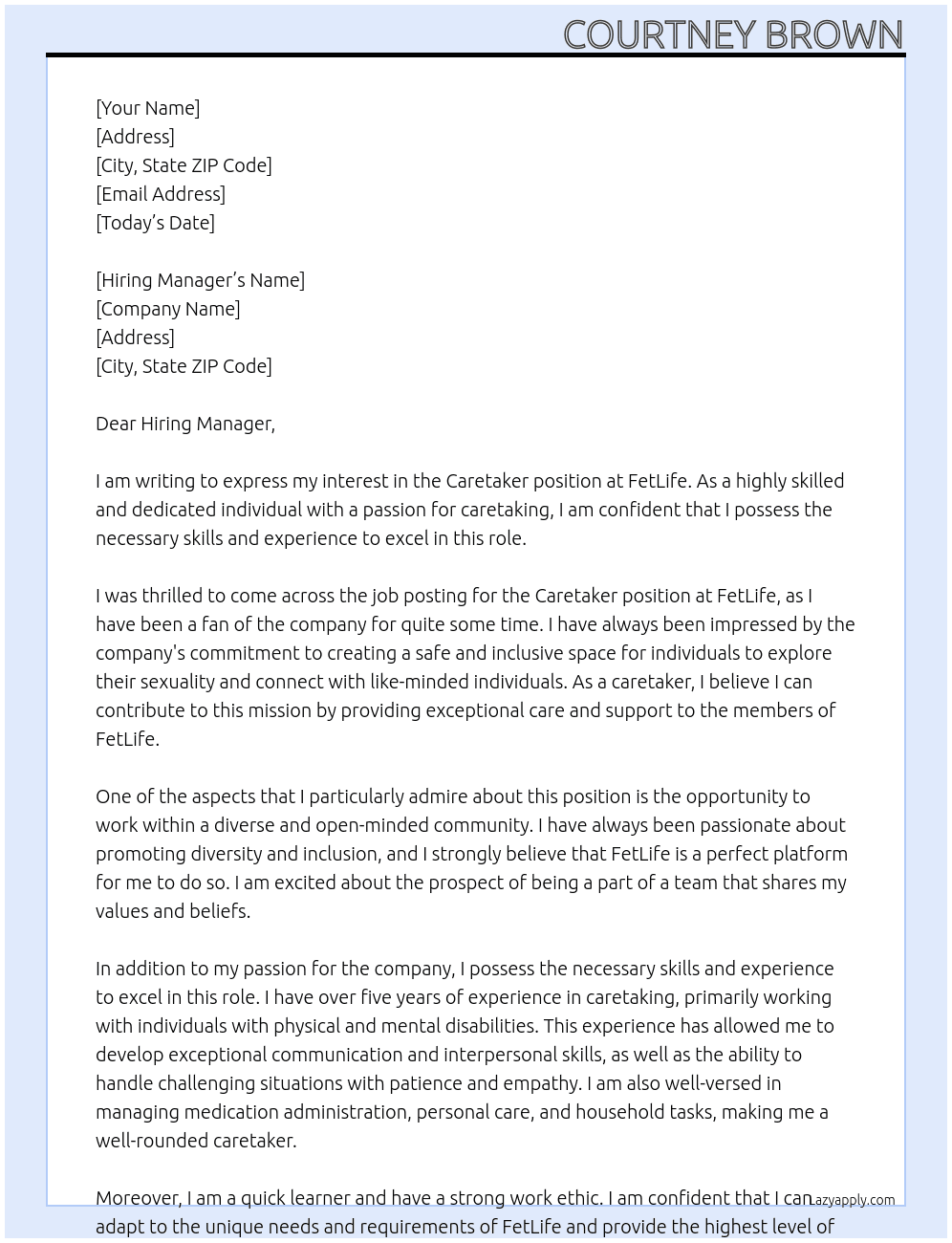 Caretaker At FetLife Cover Letter