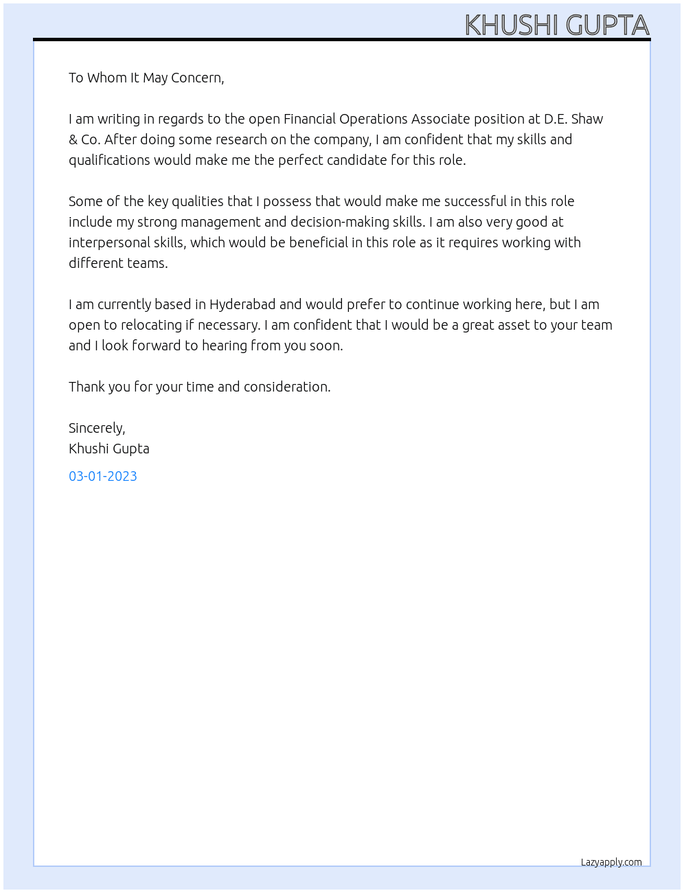 Financial Operations Associate At D.E. Shaw & Co Cover Letter
