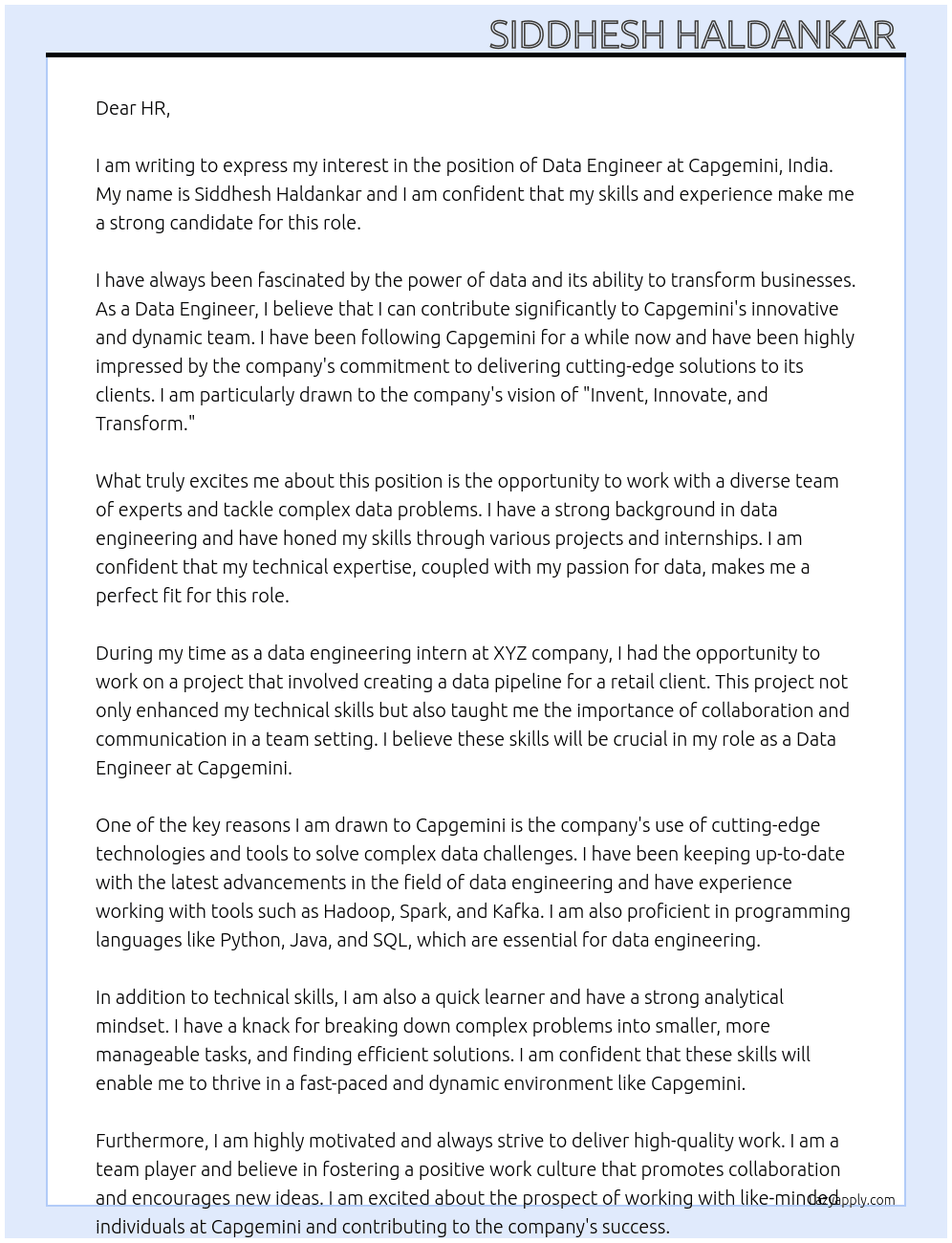 Data Engineer At Capgemini, India Cover Letter