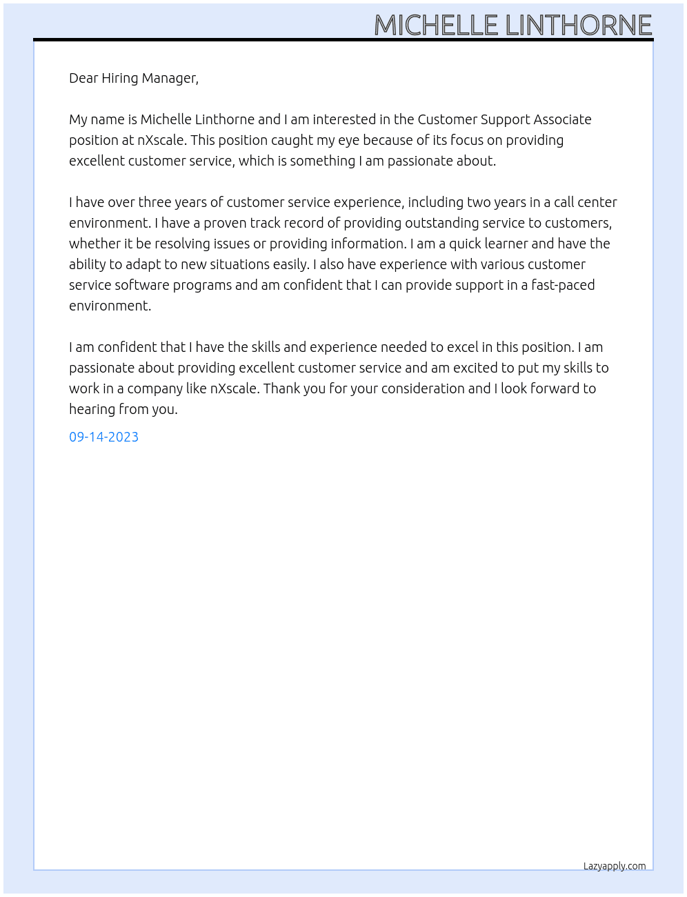 Customer Support Associate At nXscale Cover Letter