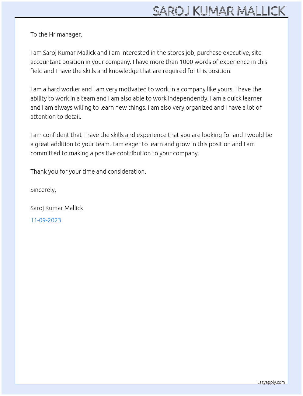  Stores job, purchase executive, site accountant  At Real-estate  Cover Letter