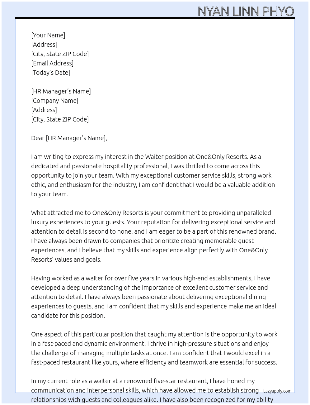 Waiter At One&Only Resorts Cover Letter