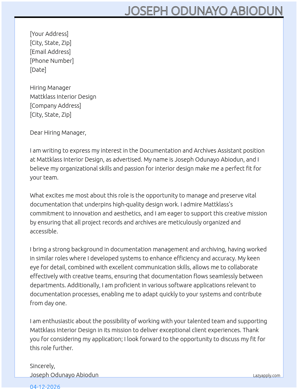 Cover letter for documentation and archives assistant - LazyApply