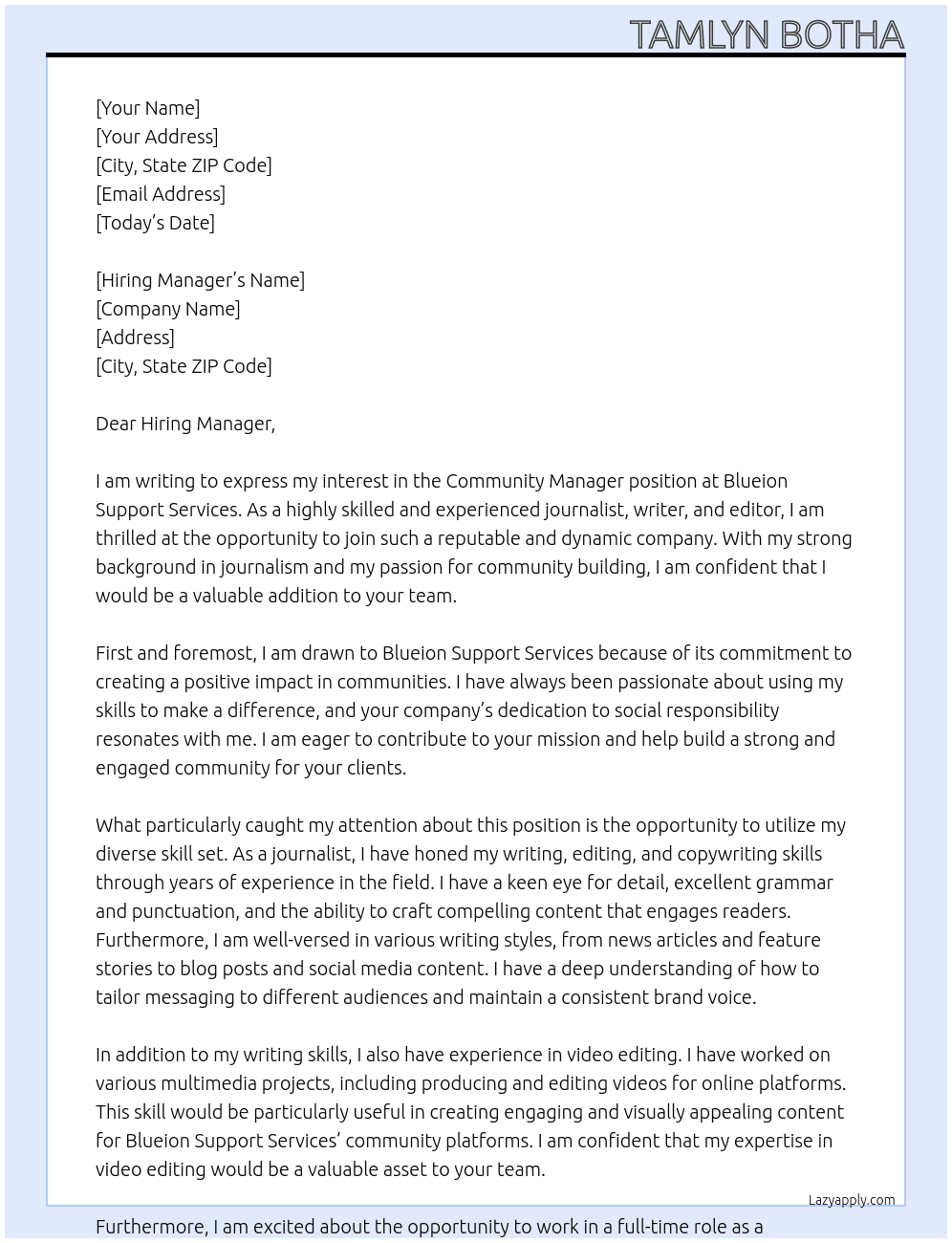 Community Manager  At Blueion Support Services  Cover Letter