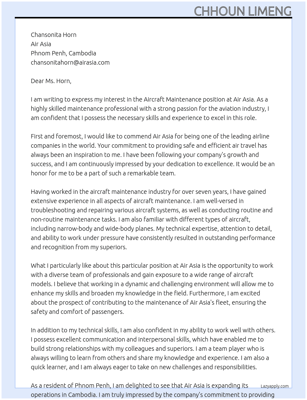 Aircraft Maintenance  At Air Asia  Cover Letter