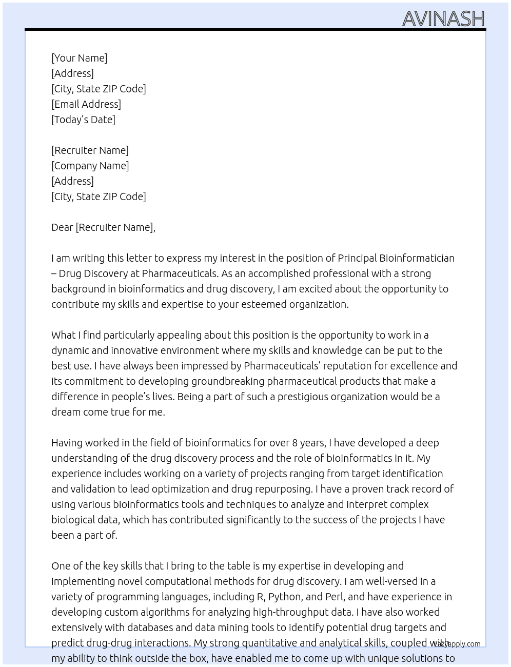 Principal Bioinformatician - Drug Discovery At Pharmaceuticals Cover Letter