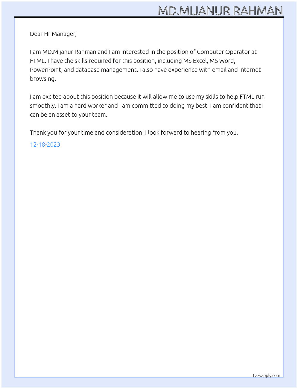 Computer operator At FTML Cover Letter