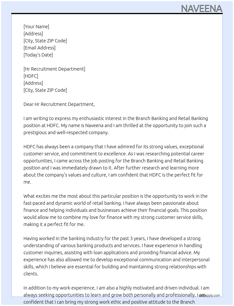 branch banking, retail banking At HDFC Cover Letter