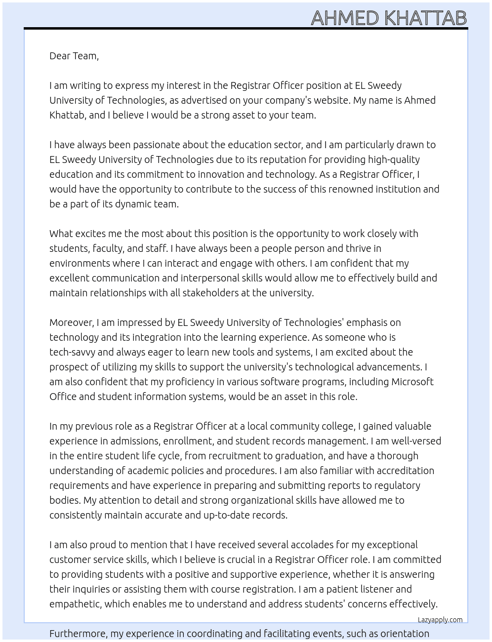 Registerar Officer At EL Sweedy University of Techologies Cover Letter