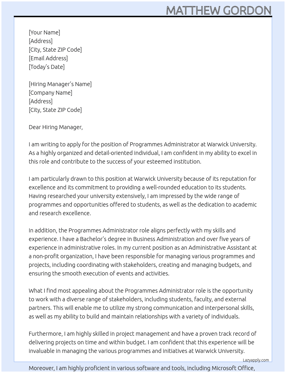 Programmes Administrator At Warwick University Cover Letter