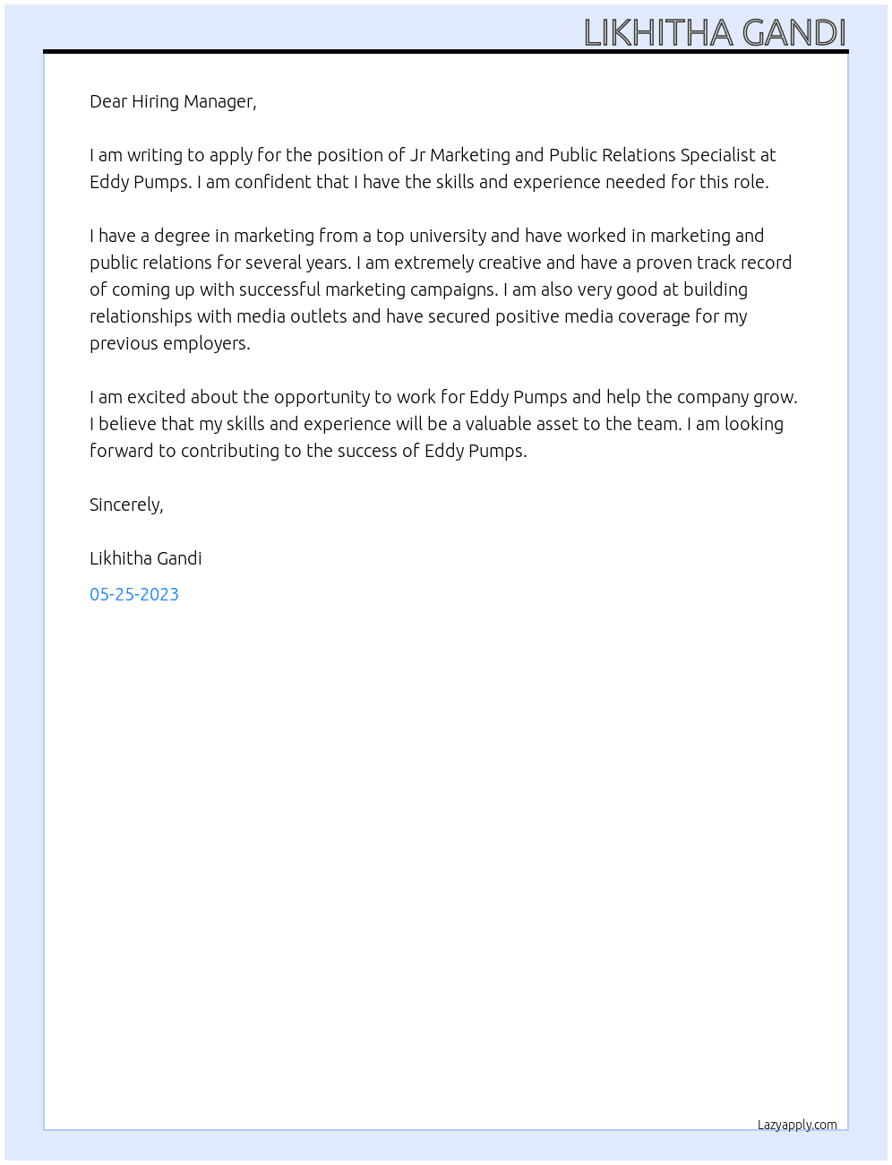 Jr Marketing and Public Relations Specialist At Eddy Pumps Cover Letter