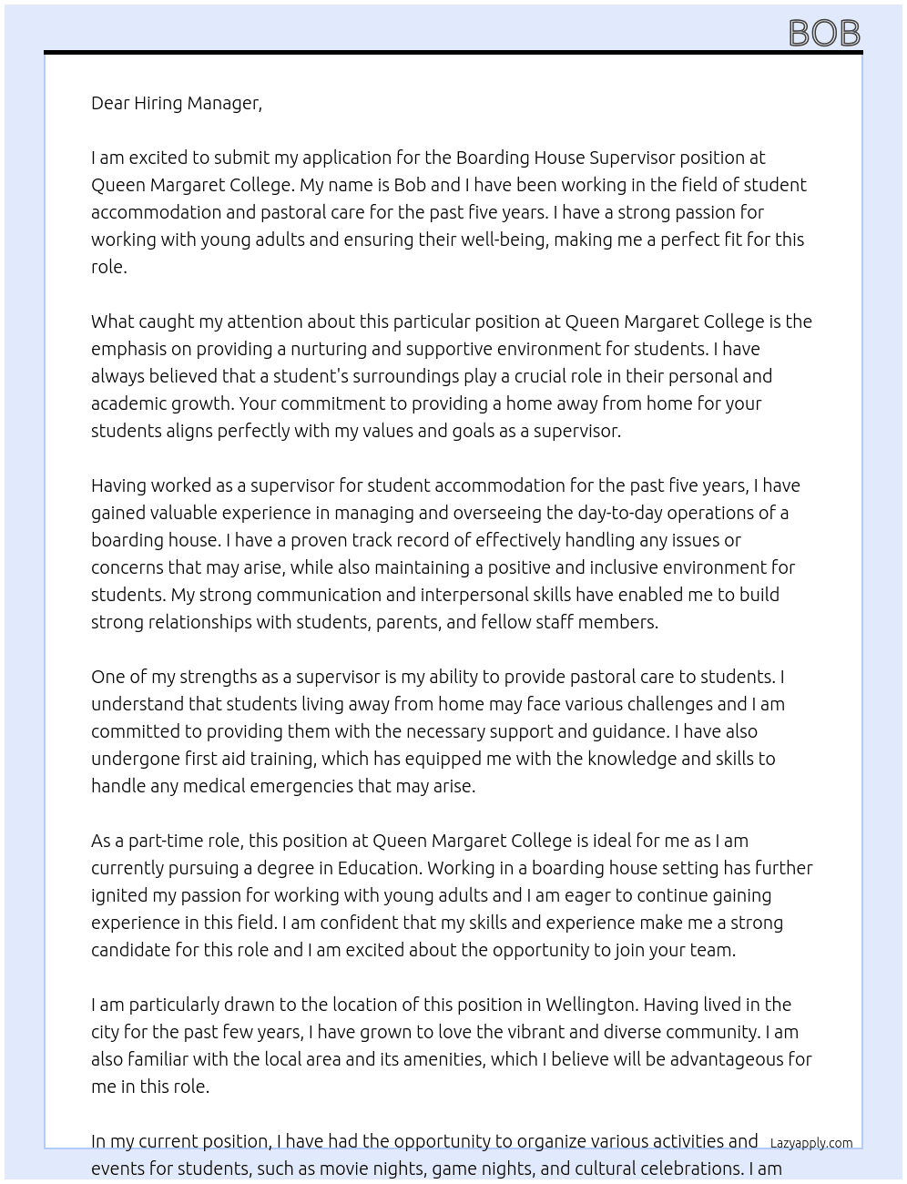 BOARDING HOUSE SUPERVISOR At Queen Margaret College Cover Letter