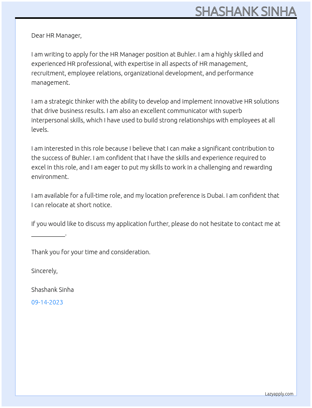 HR Manager At buhler Cover Letter
