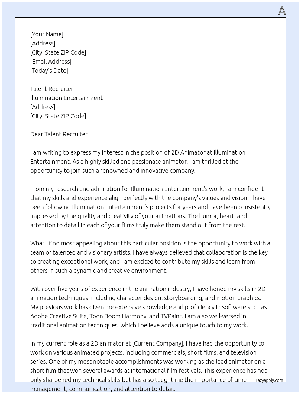 2D animator At Illumination Entertainment Cover Letter