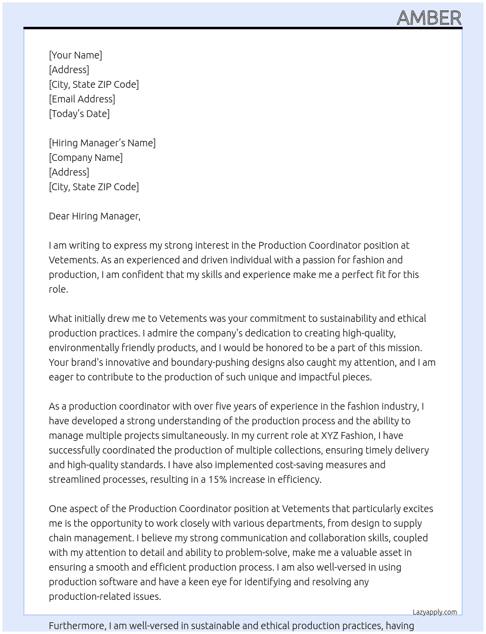 Production Coordinator At Vetements Cover Letter