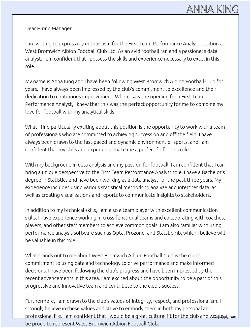 First Team Performance Analyst At West Bromwich Albion Football Club Ltd Cover Letter