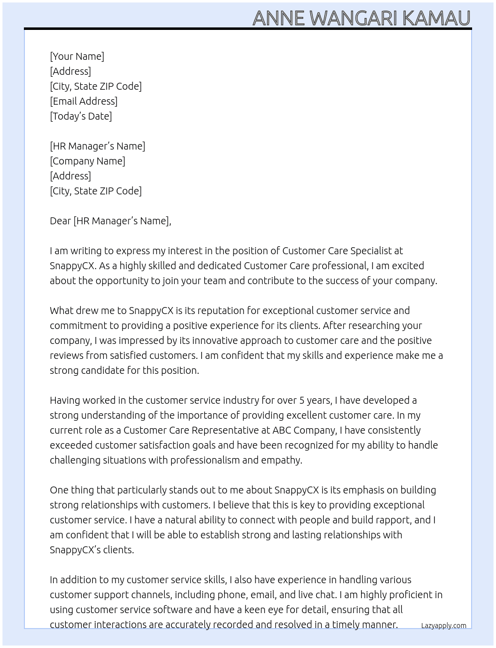 Customer Care specialists At snappycx Cover Letter