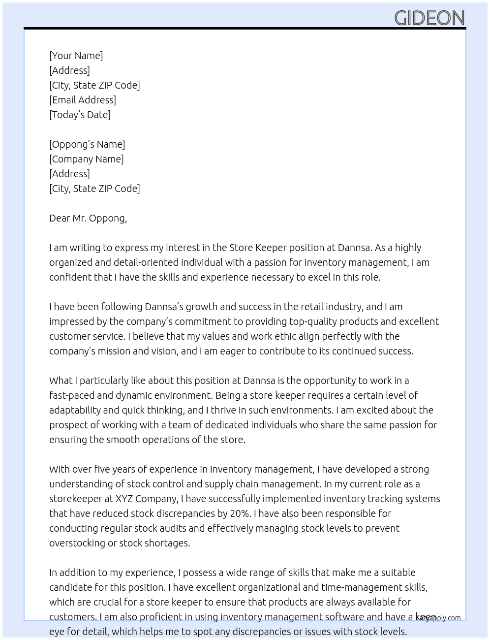 store keeper At dannsa Cover Letter