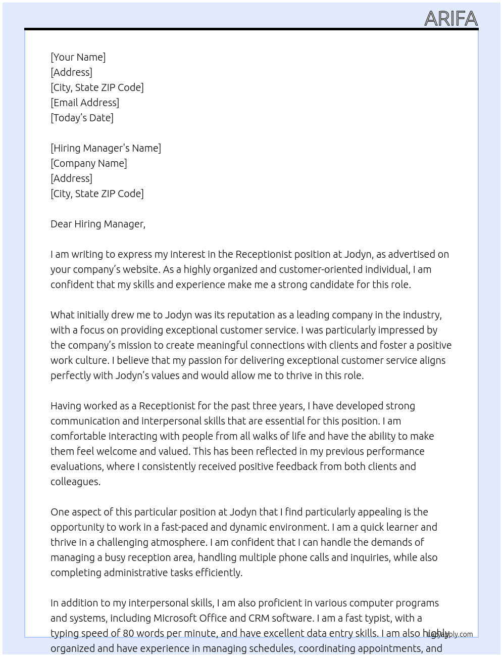 Receptionist  At Jodyn Cover Letter