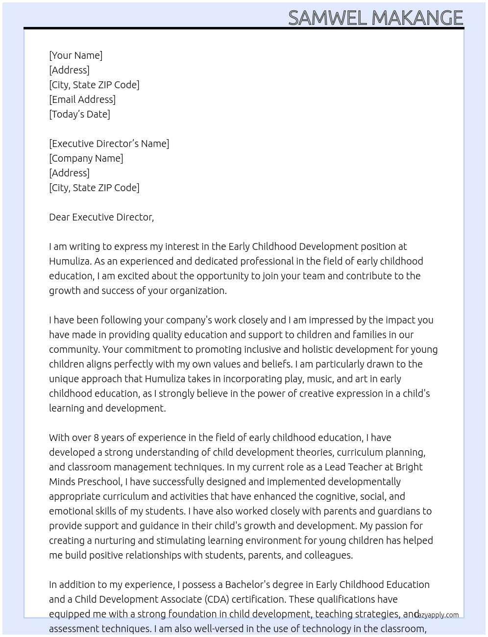 Early childhood development  At Humuliza Cover Letter