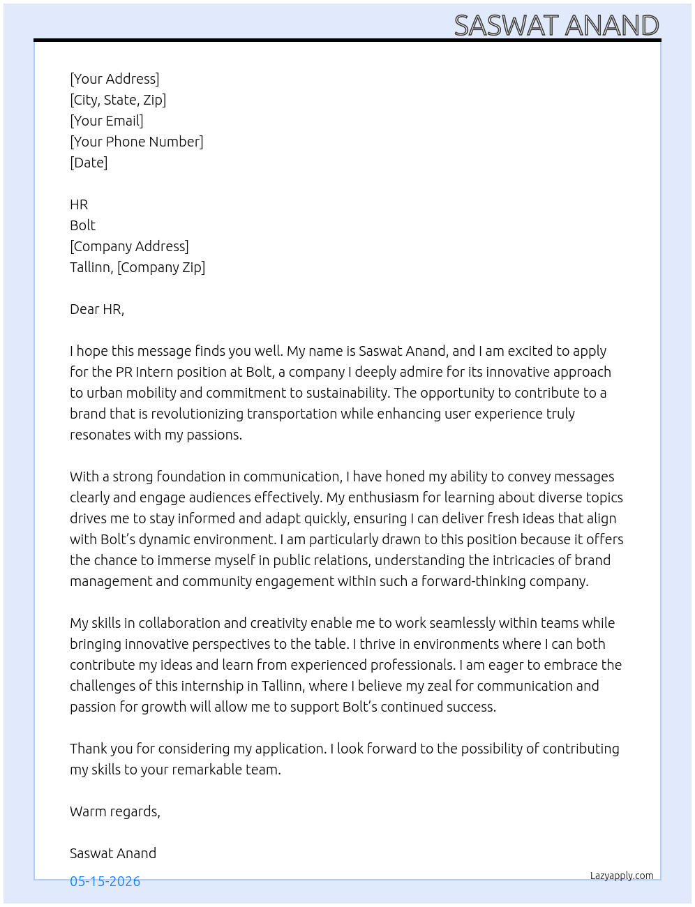 pr intern At bolt  Cover Letter