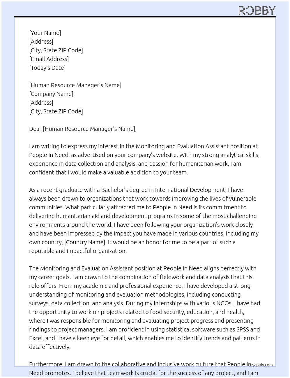 monitoring and evaluation assistant At People In Need Cover Letter