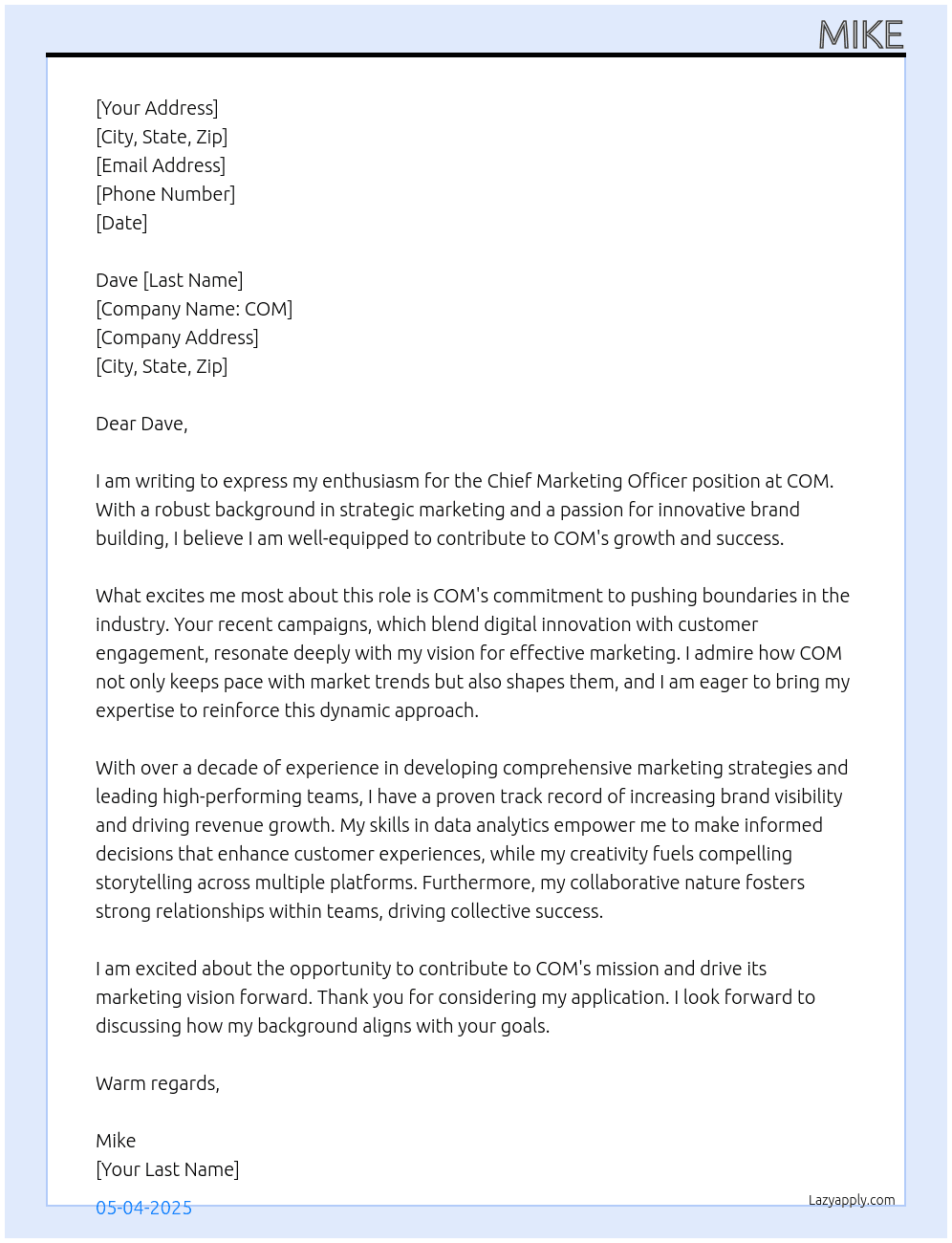 CMO At COM Cover Letter