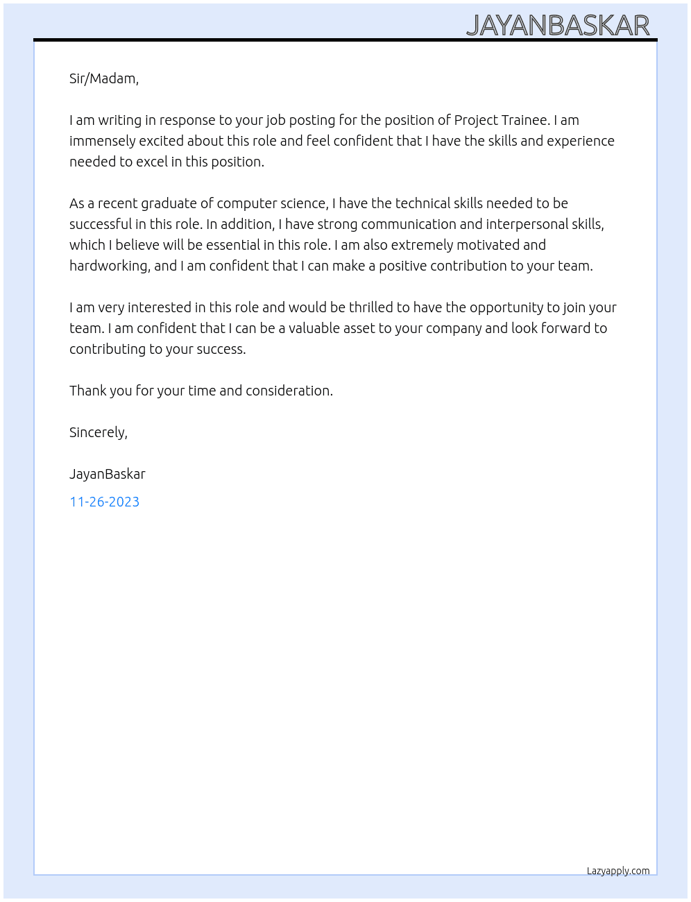 Project Trainee  At Slm Infotech  Cover Letter