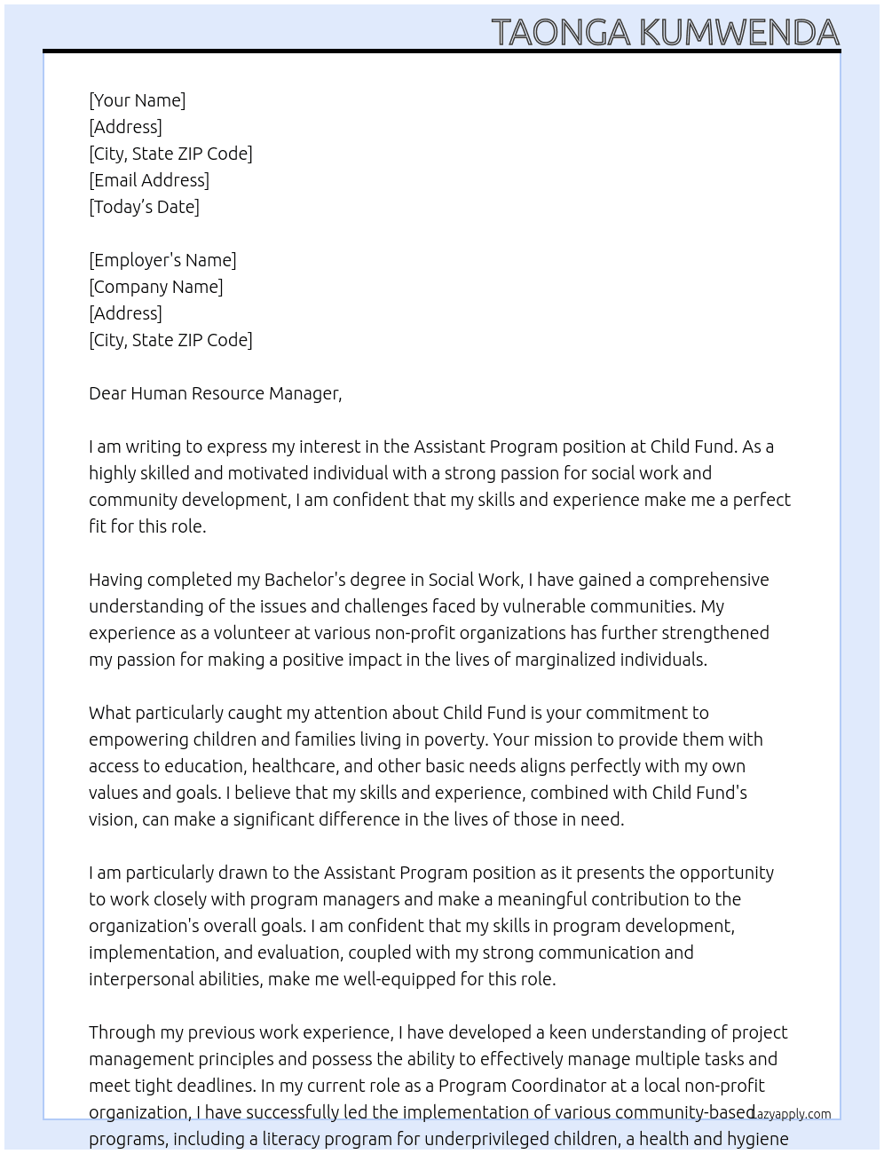 Assistant Program  At Child Fund Cover Letter