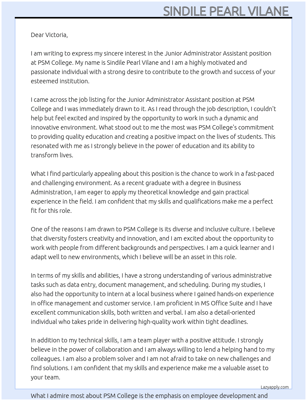 Junior Administrator Assistant  At PSM College  Cover Letter