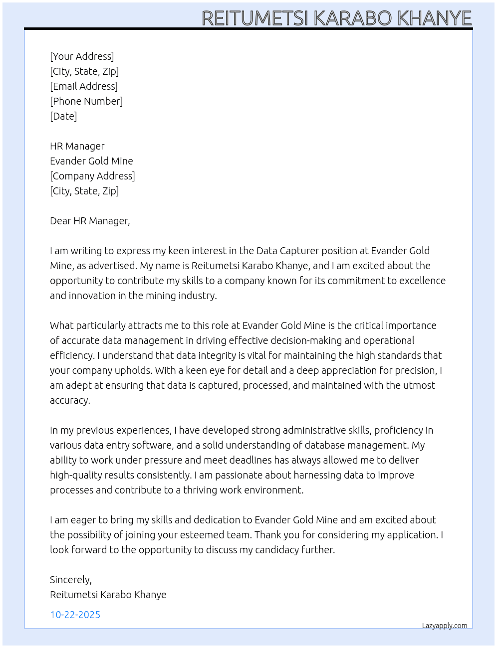 Data capturer At Evander Gold Mine Cover Letter